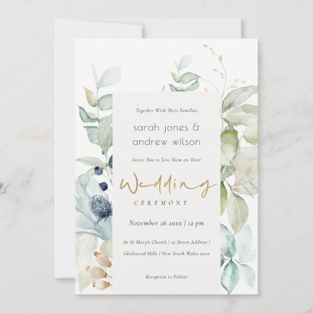 Carte De Remerciements Soft Pastel Blue Green Foliage Invite Mariage (Devant)