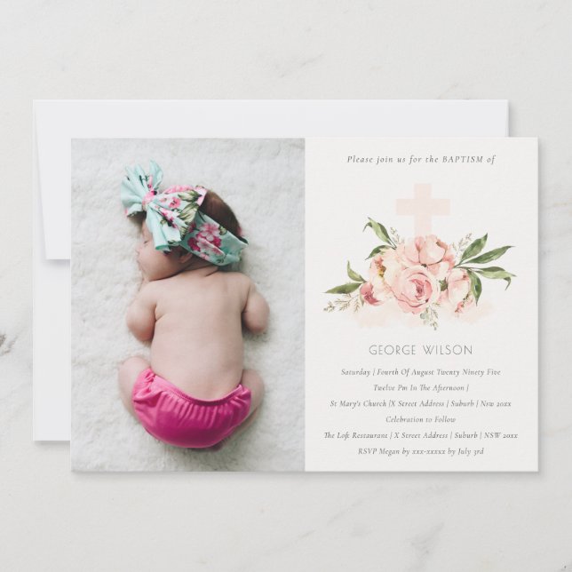 Carte De Remerciements Soft Peach Rose Floral Cross Photo Baptism Invitat (Devant)