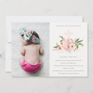 Carte De Remerciements Soft Peach Rose Floral Cross Photo Baptism Invitat