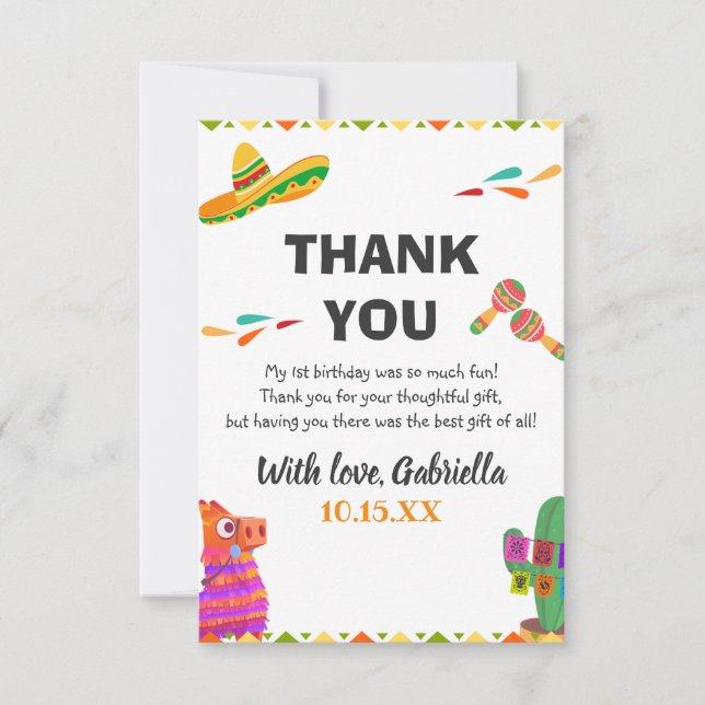 Carte De Remerciements Sombrero Llama Fiesta de style mexicain Premier an (Devant)