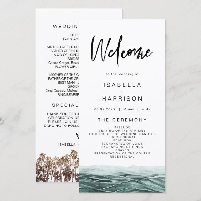 Carte De Remerciements SOPHIA | Tropical Beach Ocean Palm Wedding Program (Devant / Derrière)