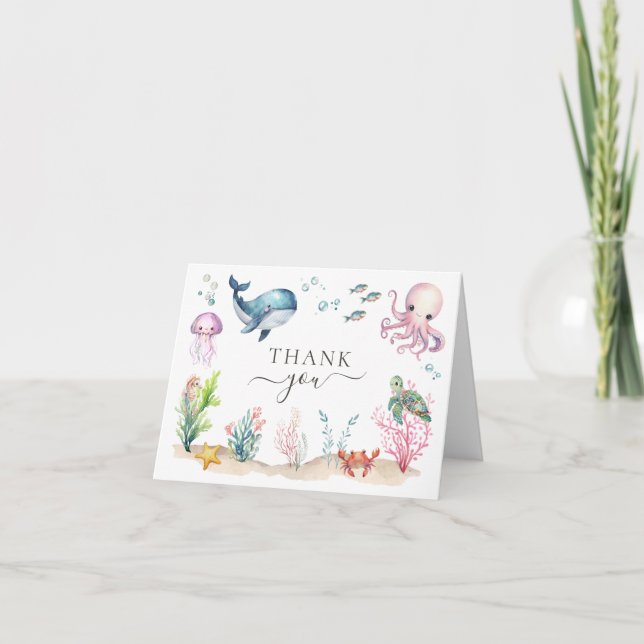 Carte De Remerciements Sous le Baby shower d'animaux marins (Devant)