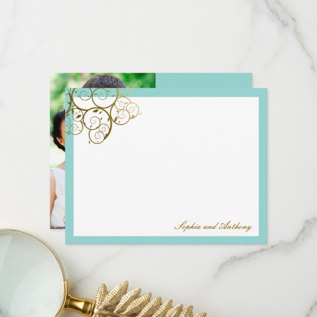 Carte De Remerciements Spirales d'or classique Elégant Chic Mariage Photo (Devant/Arrière en situation)