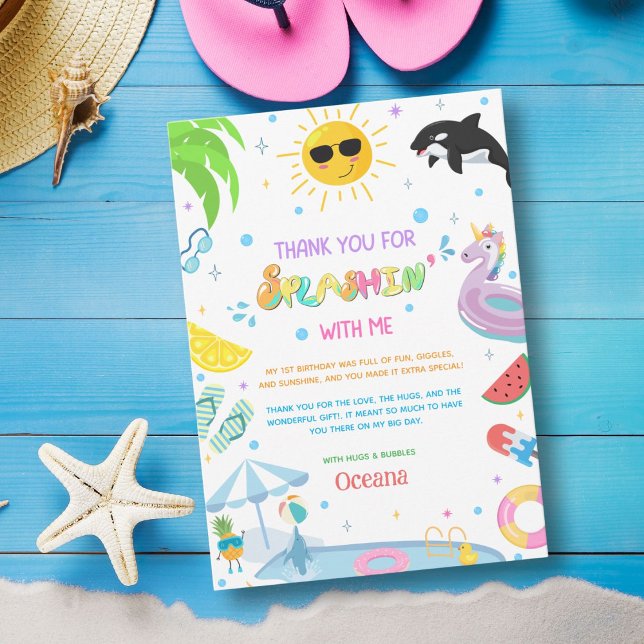 Carte De Remerciements Splashin' dans une fête de piscine de premier anni (Créateur téléchargé)