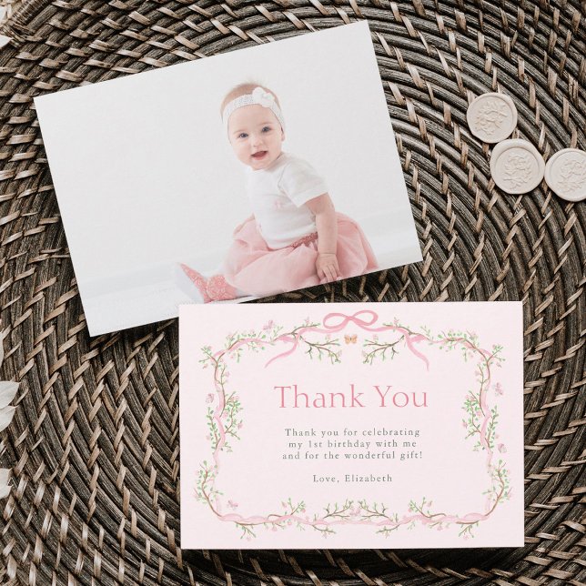 Carte De Remerciements Spring Garden rose et vert 1ère photo d'anniversai (Front & Back)