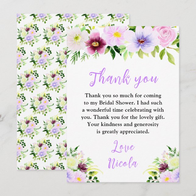 Carte De Remerciements Spring Purple Flowers with Foliage Bridal Shower (Devant / Derrière)