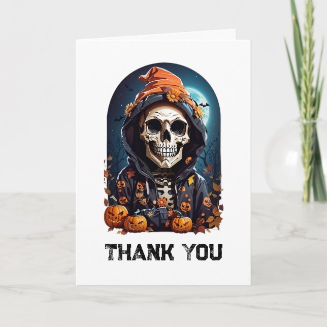 Carte De Remerciements Squelette éffrayant avec Citrouilles mal (Devant)