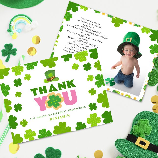 Carte De Remerciements St. Patrick's Day 1st Birthday Clover Photo person (Créateur téléchargé)