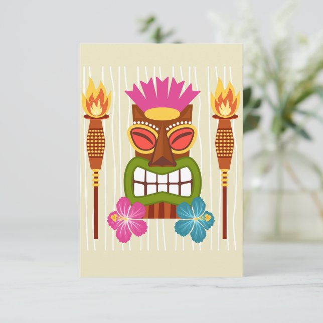 Carte De Remerciements Statue Tiki, Torches et Fleur Hibiscus (Debout devant)