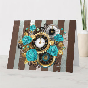 Carte De Remerciements Steampunk Clock and Turquoise Roses on Striped