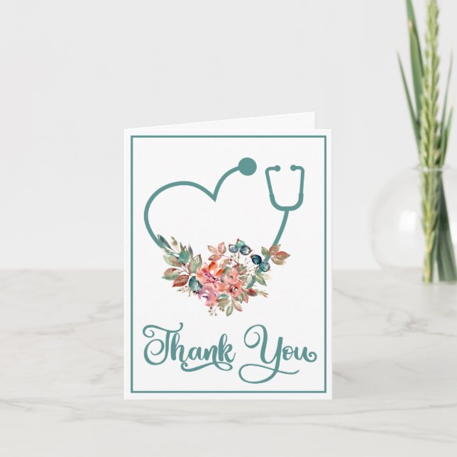 Carte De Remerciements Stéthoscope floral moderne Coeur aidant (Devant)