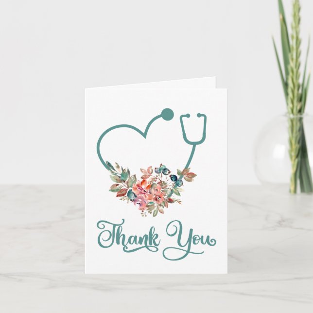 Carte De Remerciements Stethoscope Floral moderne Infirmière ou médecin (Devant)