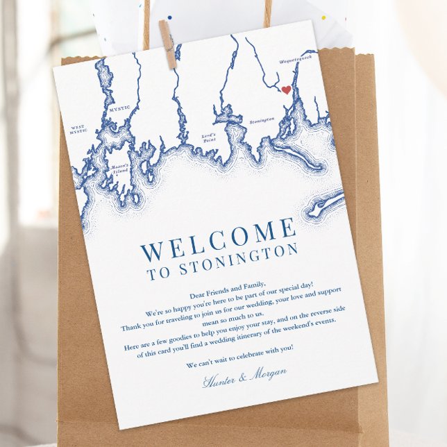 Carte De Remerciements Stonington CT Map Mariage Welcome Letter Marine Bl (Stonington CT Map Wedding Welcome letter and weekend events itinerary in elegant navy blue)