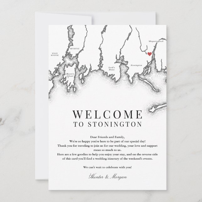 Carte De Remerciements Stonington CT Mariage Welcome Letter Noir Blanc (Devant)