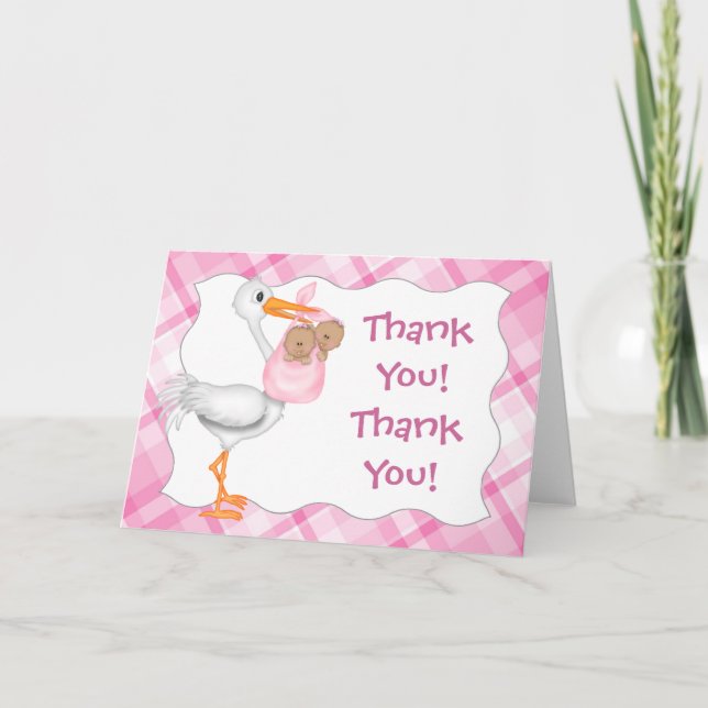 Carte de remerciements Stork & Twin Girls (peau fo (Devant)