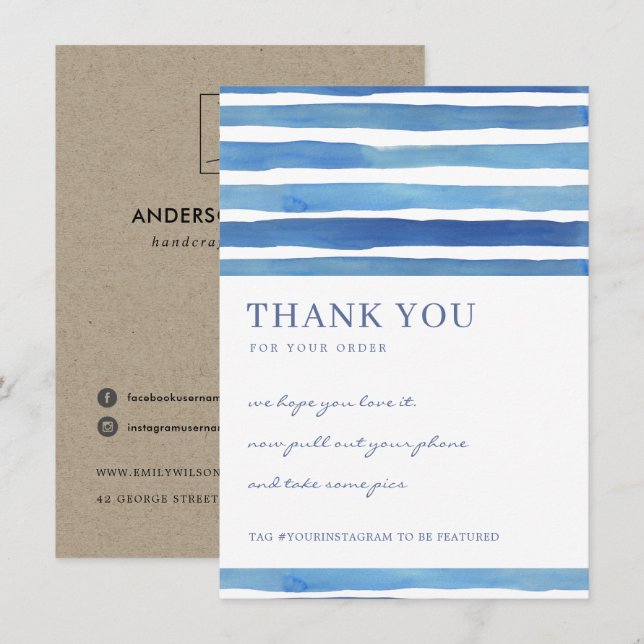 CARTE DE REMERCIEMENTS STRIPES EN BLEU ENCRÉ MOTIF ENTREPRISE LOGO D'ENTR (Devant / Derrière)