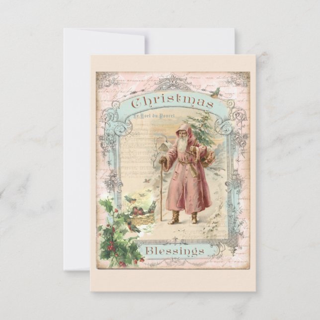 Carte De Remerciements Style victorien de Noël rose du Père Noël (Devant)