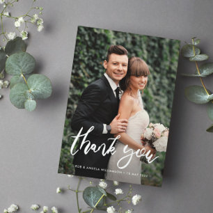 Carte De Remerciements Stylish script bride & groom photo overlay wedding