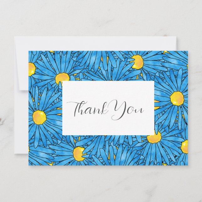 Carte De Remerciements Stylo Abstrait bleu et Motif Aster aquarelle (Devant)