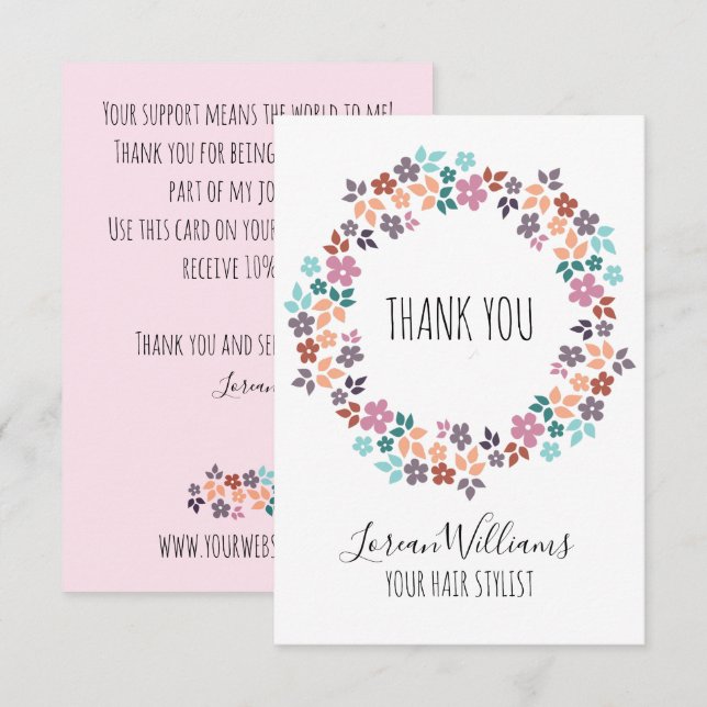 Carte De Remerciements Stylo Pastel Floral Hair Style Flower Wreath (Devant / Derrière)