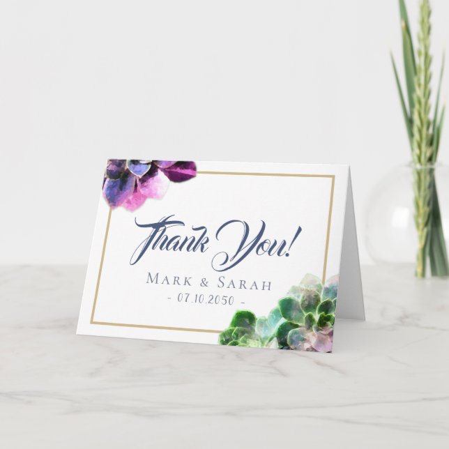 Carte De Remerciements Succulents violets avec Mariage de ligne de bronza (Devant)