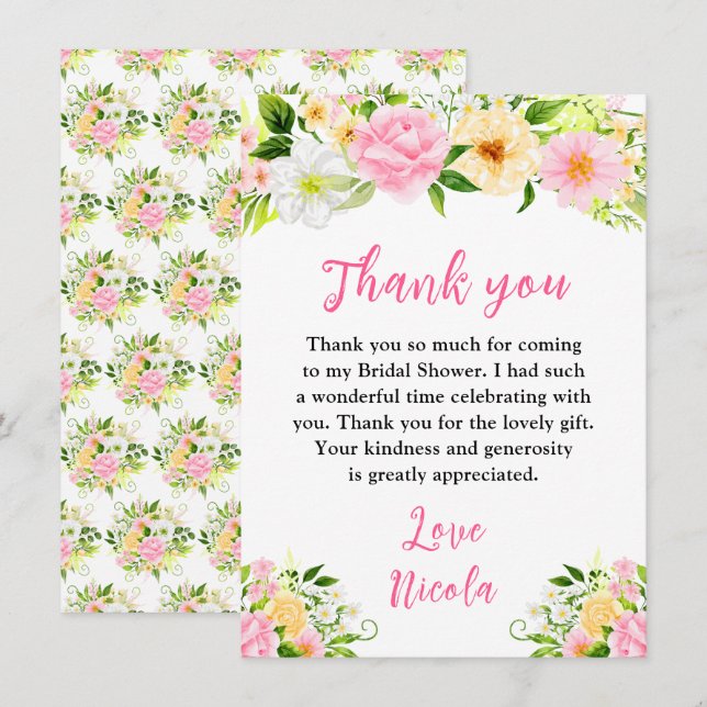 Carte De Remerciements Summer Pink and Yellow Flowers Bridal Shower (Devant / Derrière)