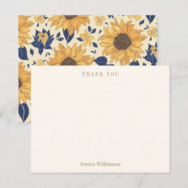 Carte De Remerciements Sunflower Bleu jaune Fête des mariées Nom personna (Devant / Derrière)