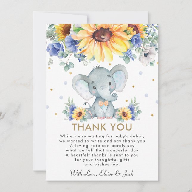 Carte De Remerciements Sunflower Blue Floral Elephant Baby shower garçon  (Devant)