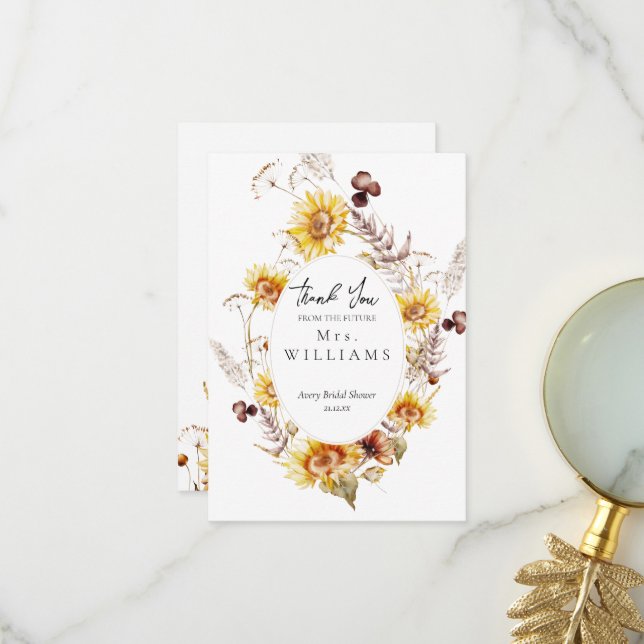 Carte De Remerciements Sunflower Boho Fleur sauvage Fête des mariées mode (Devant/Arrière en situation)
