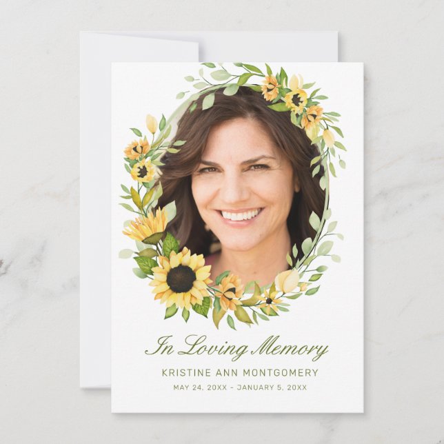 Carte De Remerciements Sunflower Green Script Cross Photo Funérailles (Devant)