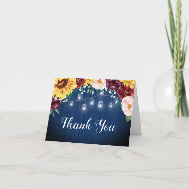Carte De Remerciements Sunflower Jars Floral Navy Fête des mariées bleue (Devant)