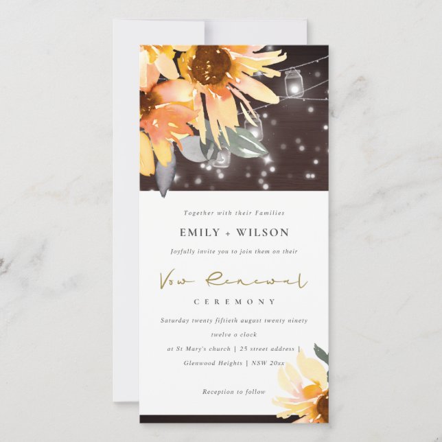 CARTE DE REMERCIEMENTS SUNFLOWER STARRY MASON JAR WOOD VOW RENOWAL INVITA (Devant)