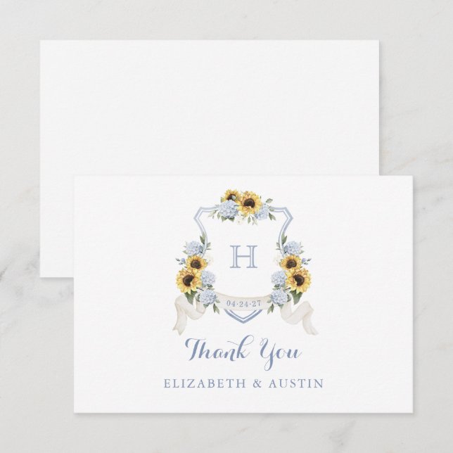 Carte De Remerciements Sunflowers Blue Hydrangea Crest Mariage Monogramme (Devant / Derrière)