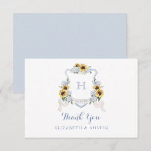 Carte De Remerciements Sunflowers Blue Hydrangea Crest Mariage Monogramme