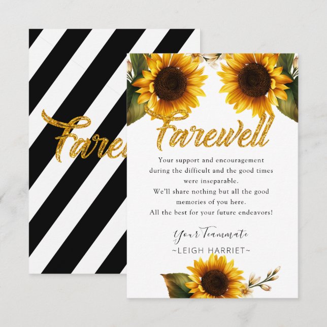 Carte De Remerciements Sunflowers Elegant Lever Coworker fiche d'adieu (Devant / Derrière)