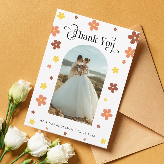 Carte De Remerciements Super Daisy Arch Photo & Retro Script Mariage (Créateur téléchargé)