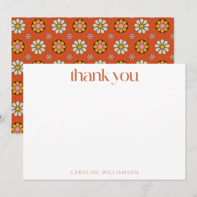 Carte De Remerciements Super Retro 60s Fleurs orange Nom personnalisé Dou (Devant / Derrière)