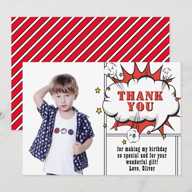 Carte De Remerciements Superhero Comic Speech Cloud Boy Photo Anniversair (Devant / Derrière)