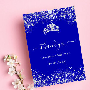 Carte De Remerciements Sweet 16 bleu royal parties scintillant argent tia