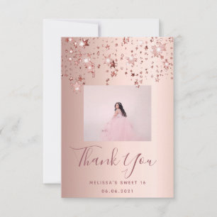 Carte De Remerciements Sweet 16 photo personnalisée rose or rose étoiles