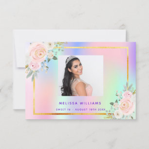 Carte De Remerciements Sweet 16 rose violet photo arc-en-ciel floral