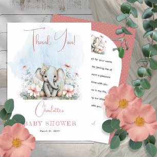 Carte De Remerciements Sweet Baby Elephant Girl Floral Baby shower rose