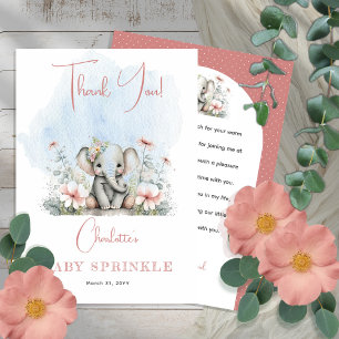 Carte De Remerciements Sweet Baby Elephant Girl Floral rose Baby Sprinkel