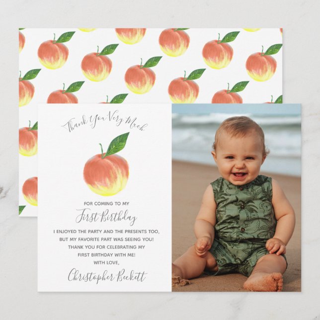 Carte De Remerciements Sweet Little Peach 1er Anniversaire Photo (Devant / Derrière)
