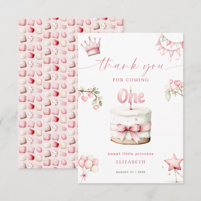 Carte De Remerciements Sweet Little Princess Pink Cake 1st Birthday (Devant / Derrière)