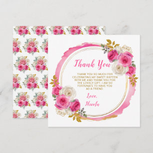 Carte De Remerciements Sweet sixteen à fleurs élégantes roses et or chaud