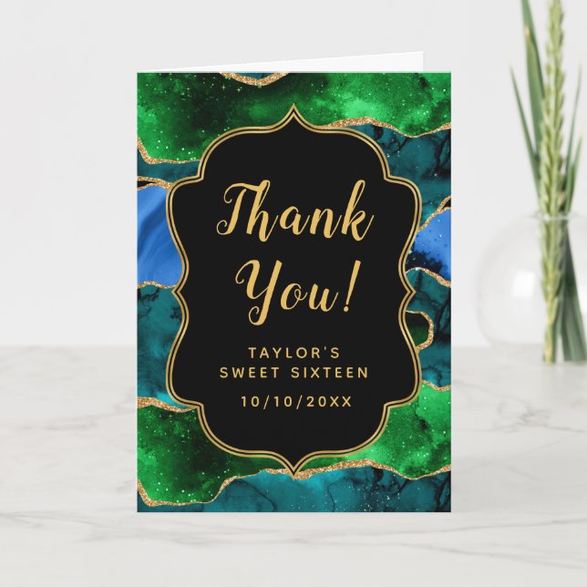 Carte De Remerciements Sweet sixteen d'Agate Peacock bleu et vert (Devant)