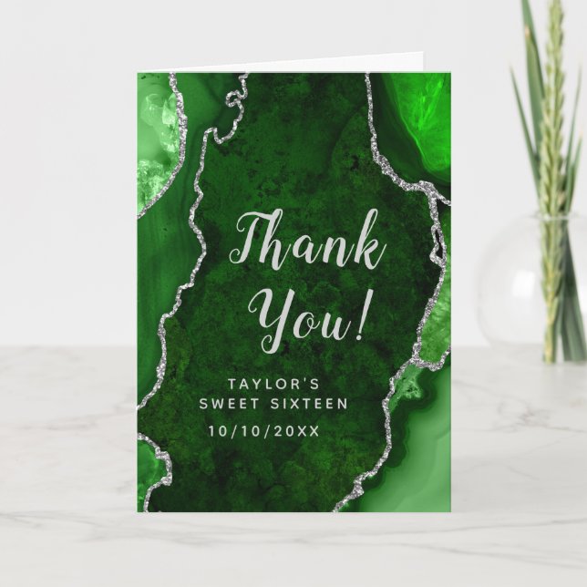 Carte De Remerciements Sweet sixteen d'âge vert et argent (Devant)
