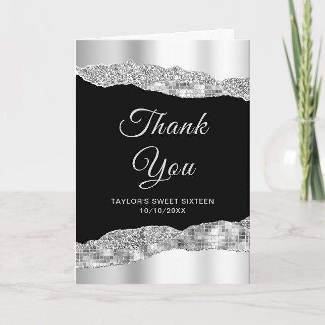 Carte De Remerciements Sweet sixteen des larmes d'argent et de verre noir (Devant)