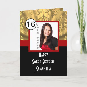 Carte De Remerciements Sweet sixteen noir rouge et or
